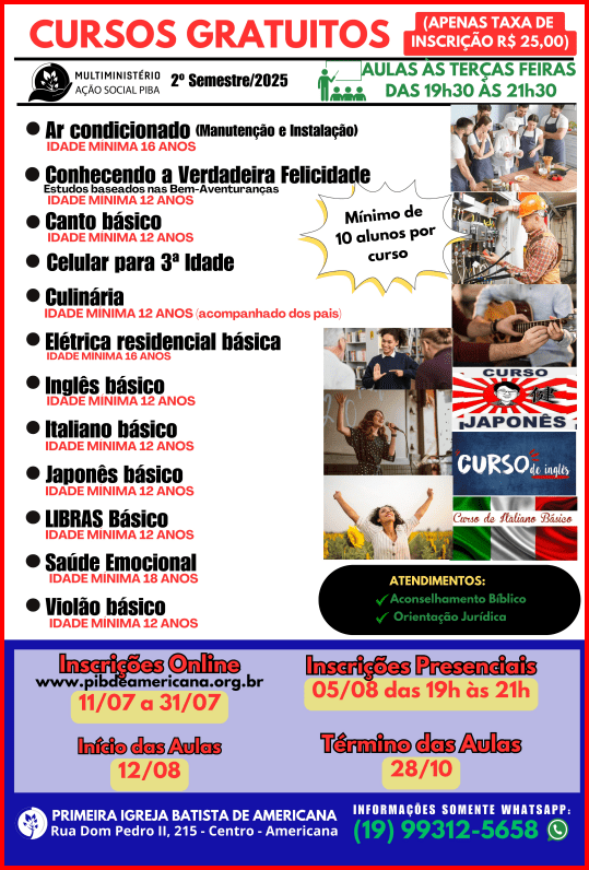 Multiministério Cursos Diversos - 2° Semestre/2025 -  Inscrições Presenciais 05/08/2025 das 19h às 21h.