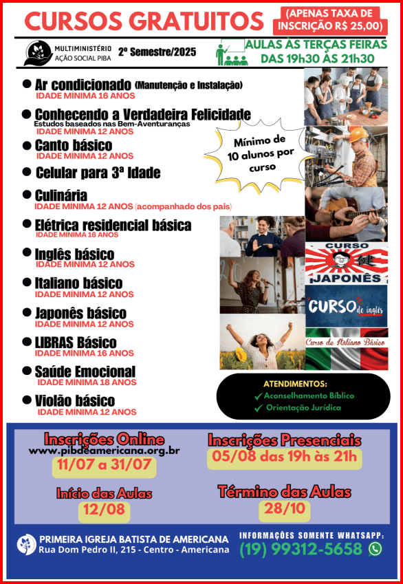 Multiministério Cursos Diversos - 2° Semestre/2025 -  Inscrições Presenciais 05/08/2025 das 19h às 21h.