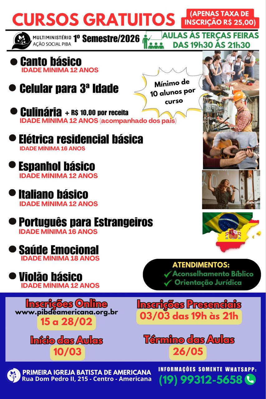 Multiministério Cursos Diversos - 1° Semestre/2026 -  Inscrições Presenciais 03/03/2026 das 19h às 21h.