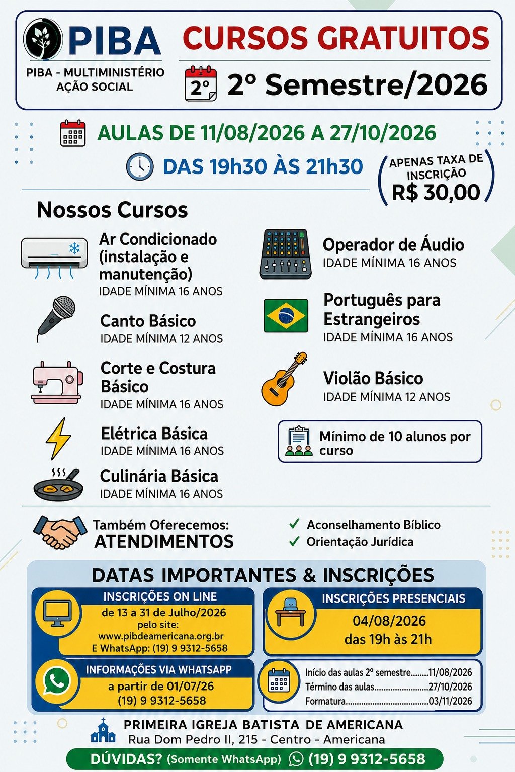 Multiministério Cursos Diversos - 2° Semestre/2026 -  Inscrições Presenciais 04/08/2026 das 19h às 21h.