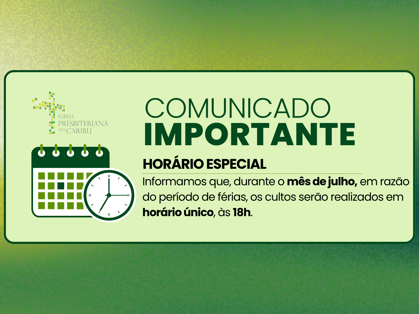 HORARIO CULTOS JULHO
