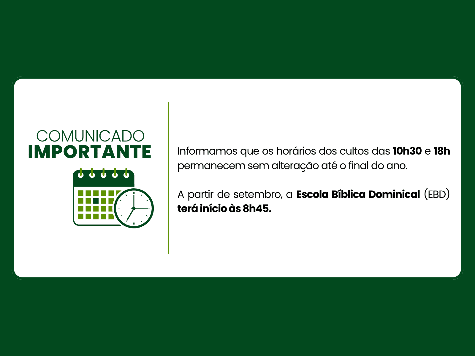 HORARIO CULTOS E EBD